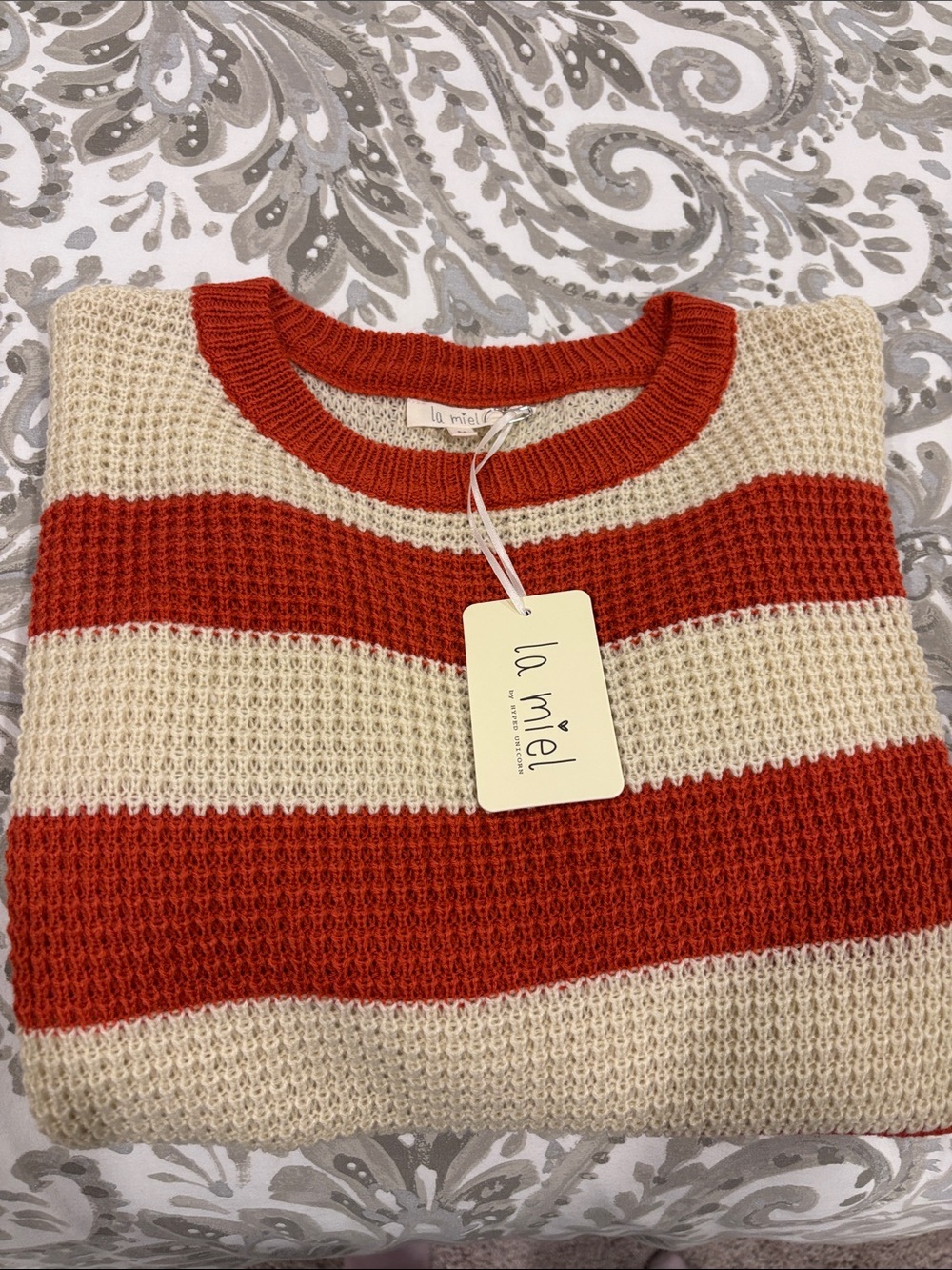 LA MIEL Rust and Cream Striped Crewneck Sweater